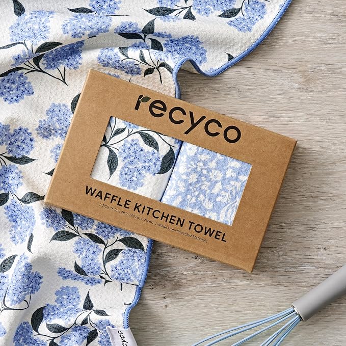 RECYCO Waffle Kitchen Towel Set of 2 - Quick Dry Microfiber Sustainable Dish Towels - Ultra Absorbent Reusable Cleaning Tea Towels - Lightweight Hand Towels,16”x 28”, Hydrangea Ball