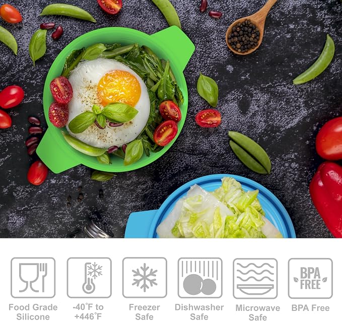 Bakerpan Silicone Microwave Egg Cooker - Set of 4 Collapsible Mini Microwave Bowls with Lid, 4.75"x1.75", 1.5 Cup - Egg Poacher, BPA-Free, Dishwasher Safe