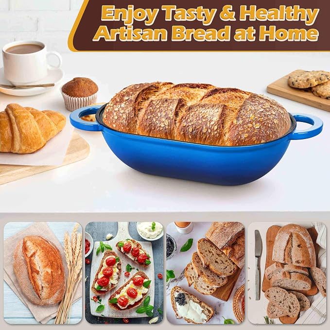 Homikit Enameled Cast Iron Dutch Oven for Bread Baking, 2.8 QT Oval Bread Oven Pot with Lid, 9.5 x 5.7 Inch Sourdough Loaf Baking Pan for Homemade Bread, Heavy Duty & Oven Safe, Blue