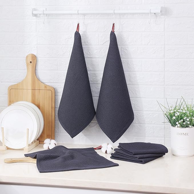 Kitinjoy 100% Cotton Waffle 12-Pack Kitchen Towels, 12" x 12", Dark Grey | Ultra Absorbent, Super Soft, lightweight, Quick Drying Dish Rags for Washing Dishes