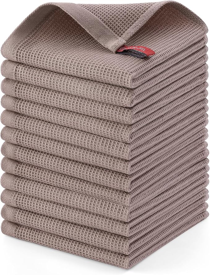 Homaxy 100% Cotton Waffle Weave Dish Cloths, 12 Pack, Brown | Soft and Absorbent Dish Towels, 12 x 12 Inches Quick Dry Dish Rags