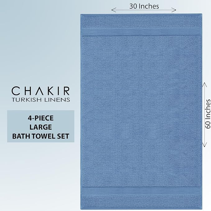 Chakir Turkish Linens 100% Cotton Premium Turkish Towels for Bathroom | 30'' x 60'' Large Bath Towels (4 Piece, Wedgewood) | 100% cotton bath towels, 2-pack 30x60 extra large, OEKO-TEX certified, soft plush and absorbent