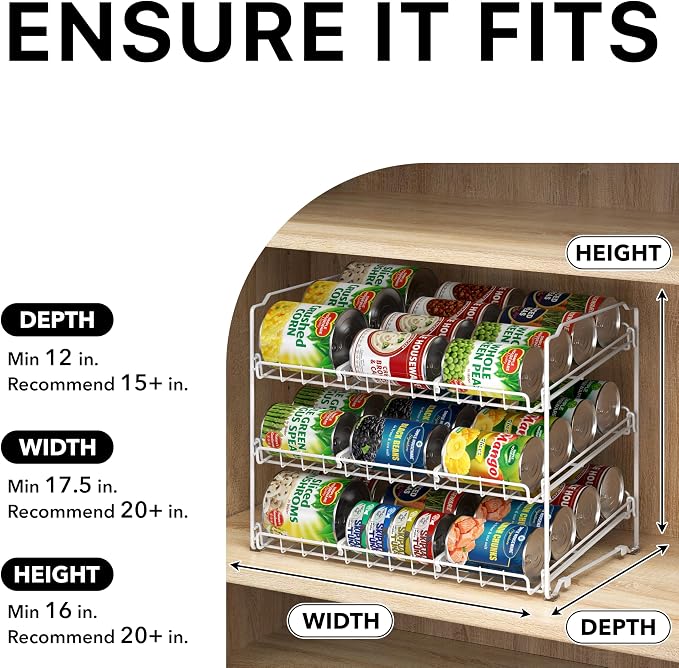 Simple Houseware 3-Tier Stackable Can Organizer Rack Hold 36 Cans, White | Can Food Storage Dispenser for Pantry/Cabinet, Adjustable Dividers – 11.5" D x 17" W x 13.75" H