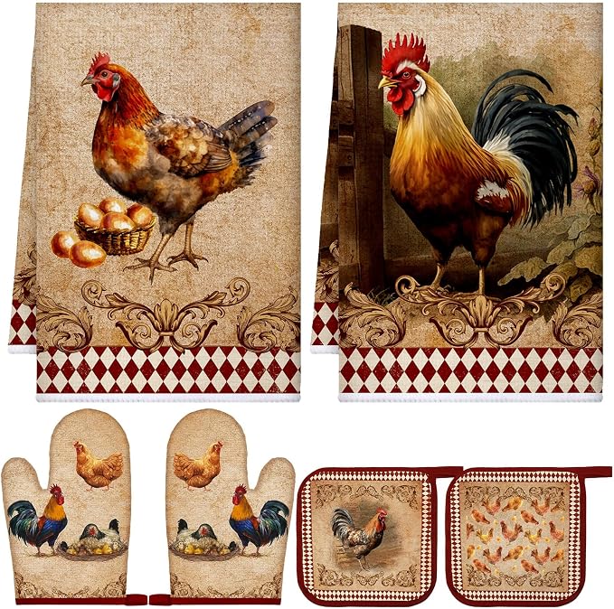 Leinuosen 6 Farm Rooster Farmhouse Kitchen Decor Dish Towels Oven Mitts and Pot Holders Sets Chicken Kitchen Towels Absorbent Decorative Accessories for Cooking Baking Grilling