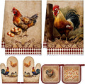 Leinuosen 6 Farm Rooster Farmhouse Kitchen Decor Dish Towels Oven Mitts and Pot Holders Sets Chicken Kitchen Towels Absorbent Decorative Accessories for Cooking Baking Grilling
