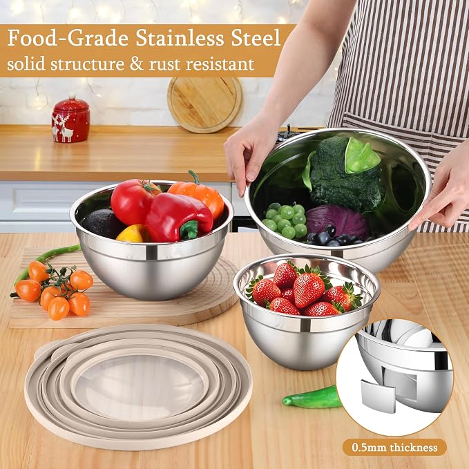 LIANYU Mixing Bowls with Visible Lids, 3Pcs Stainless Steel Kitchen Bowl | Large Metal Nesting Bowls Set, 4.6 & 3 & 1.5QT Size, with Airtight Lids, Ideal for Baking, Serving, Dishwasher Safe, Khaki