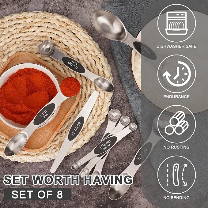 Aovchei 8 PCS Black Magnetic Measuring Spoons Set | Dual Sided, Stainless Steel Small Tablespoon, Teaspoons, Fits in Spice Jars, for Dry and Liquid