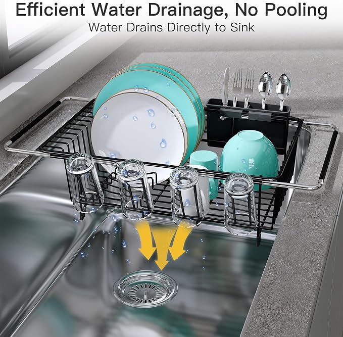 JASIWAY Black Dish Drying Rack in Sink with Drainboard and Utensil Holder | Use Over the Sink or Counter, Stainless Steel Expandable Dish Drainer for Small Kitchen, Space Saving, Fast Drain, Rustproof
