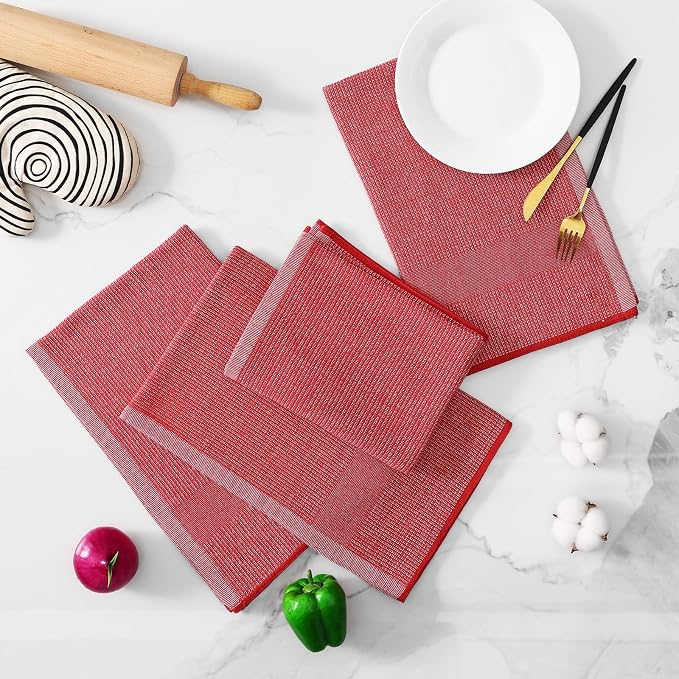 Homaxy 380 GSM Cotton Premium Kitchen Towels 8 Pack, 18"x 28", Red | Flat and Terry Dish Towels, Highly Absorbent Tea Towel Set with Hanging Loop, Soft Utility Kitchen Hand Towels