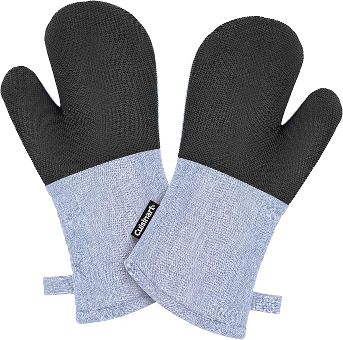 Cuisinart Chambray Kitchen Oven Mitts, Heat-Resistant, 2-Pack, 7"x13" | Non-slip neoprene palm grips up to 350°F, long cuff shields forearms, hang loop for storage, handles cast iron and grilling
