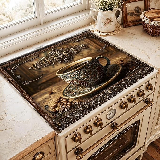 Vintage Coffee Stove Cover 28.3 x 20.5 Inches, Coffee Stove Top Protector, Heat Resistant Non Slip Glass Electric Stove Cover Board, Rustic Coffee Bar Kitchen Decor Mat (Classic coffee)