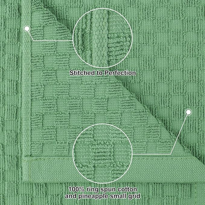 Homaxy 100% Cotton Terry Kitchen Towels(15" x 25", 12 Pack), Grass Green | Soft and Super Absorbent Dish Towels, 380 GSM Reusable Tea Towel with Hanging Loop, Pineapple Grid Designed