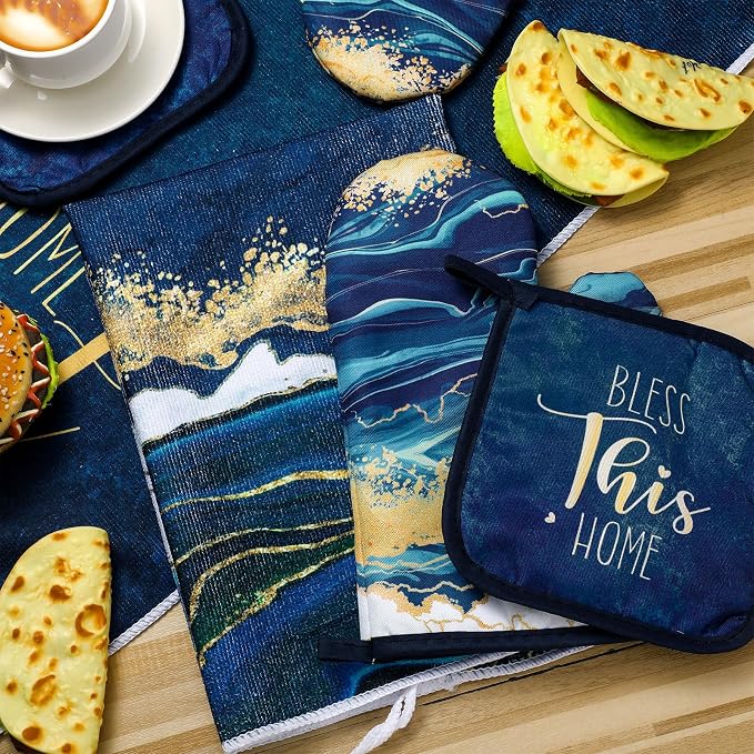 Bencailor 6 Pcs Blue Kitchen Decor Kitchen Towels, Oven Mitts and Potholder | Blue Marble Kitchen Decor and Accessories, 2 Kitchen Mitts Set, 2 Pot Holder and Towels for Baking Cooking Cleaning Supply