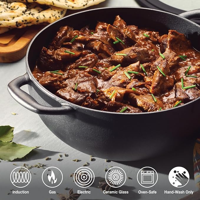 Tramontina Utsava Pre-Seasoned Cast Iron 3.9-Quart Kadai with Lid | Kadhai Pot for Indian Cooking