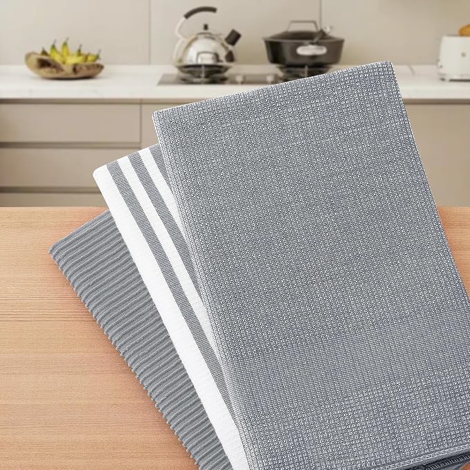 Homaxy Cotton 380 GSM Premium Kitchen Towels, 18"x 28", 9 Pack, Grey | Soft and Absorbent Terry Dish Towels, Multipurpose Tea Towel Set with Hanging Loop, 3 Styles Kitchen Hand Towels