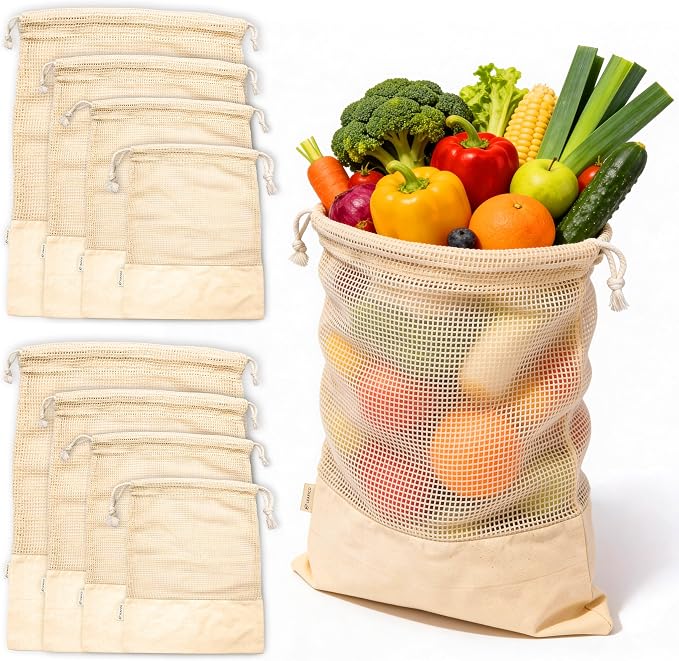 Reusable Produce Bags – 100% Cotton Mesh & Solid Hybrid (Mixed Sizes 8 Pcs – S/M/L/XL) – Multi-Use Grocery & Storage Bags for Fruit, Vegetables, Toys, Clothes, Travel – Washable, Zero Waste