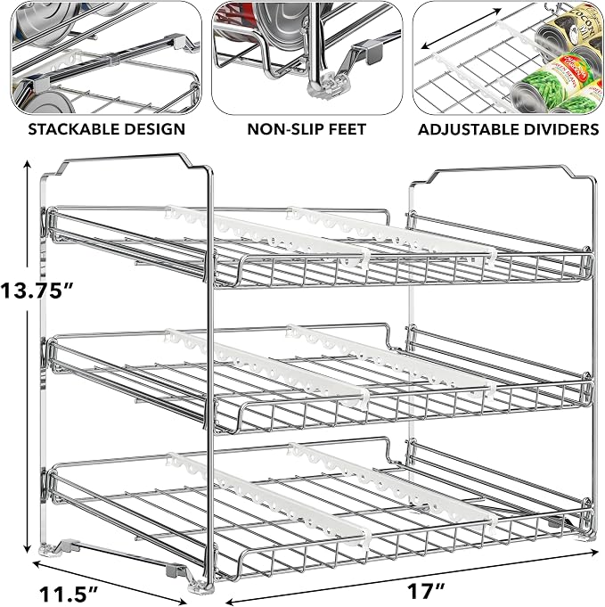 Simple Houseware 3-Tier Stackable Can Organizer Rack Hold 36 Cans, Chrome | Can Food Storage Dispenser for Pantry/Cabinet, Adjustable Dividers – 11.5" D x 17" W x 13.75" H