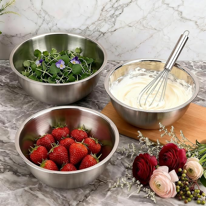12 Pcs 304 Stainless Steel Mixing Bowls with Graduations, Metal Serving Salad Bowls, Reusable Baking Food Storage Containers for Baking, Cooking, Making Salads, Soups, Ice Cream, Noodles, cereal