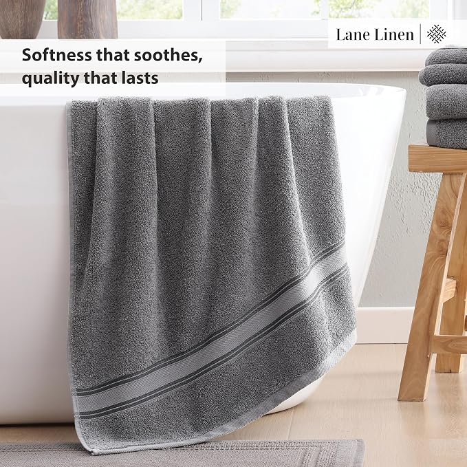 LANE LINEN Bathroom Towel Set 3 Piece Soft Absorbent Quick Dry - Cool Grey | Pack Of Towels - Coordinated Colors, Dobby Border Accent, OEKO-TEX Certified, Zero-Twist Durability, Zero-Twist Cotton