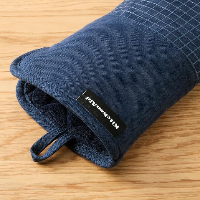 KITCHENAID Gourmet Series Gridlines Oven Mitts 2-Pack Set, Heat Resistant up to 600°F, Soft Silicone Grip, Magnetic Cuff, Ink Blue, 7"x14"