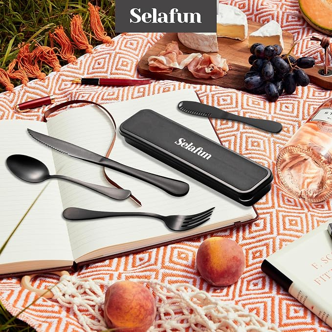 5-pieces Travel Set with Case Portable Silverware Utensils Set for work, Stainless Steel Reusable Flatware Set Cutlery Set for Camping Picnic Hiking Office, (matte black, 5.9)