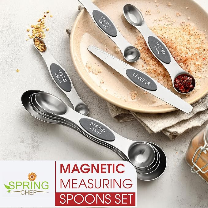 Spring Chef Stainless Steel Magnetic Measuring Spoons Set of 8, Gray | Stackable Metal Teaspoon & Tablespoon Measuring Spoons with Leveler for Dry & Liquid Ingredients, Dual Sided, Dishwasher Safe