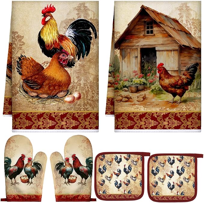 Leinuosen 6 Rooster Farmhouse Kitchen Decor Dish Towels Oven Mitts and Pot Holders Sets Chicken Kitchen Towels Absorbent Decorative Accessories for Cooking Baking Grilling