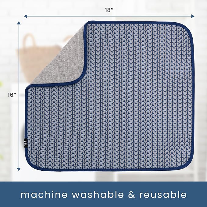 S&T INC. Dish Drying Mat, 16" x 18", Large, Blue Stockinette | Absorbent Microfiber, Kitchen Counter Mat for Dishes, Utensils, Pots and Pans, Machine Washable