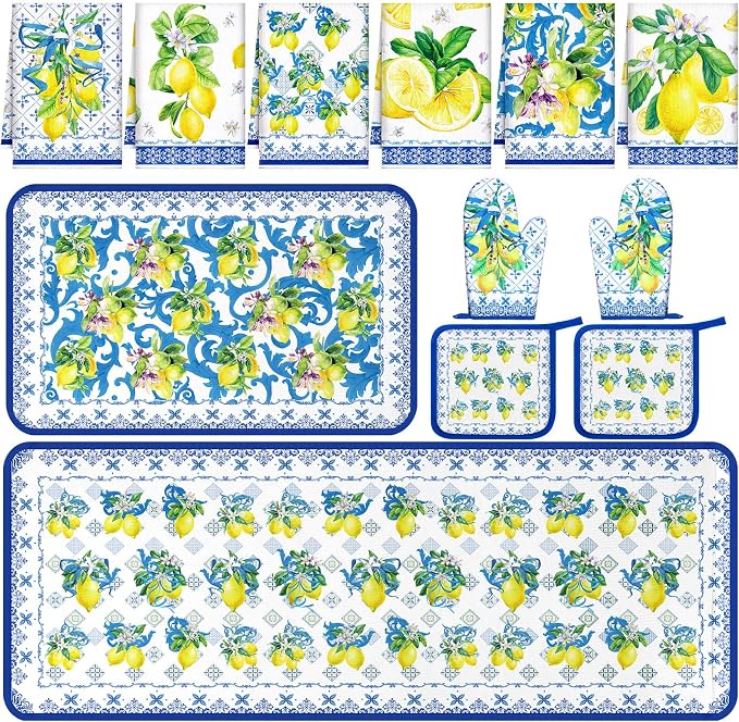Fourluoo 10 Pcs Lemon Kitchen Decor Set Lemon Kitchen Towels Rugs Oven Mitts and Pot Holders Kit for Summer Baking Cooking Chef