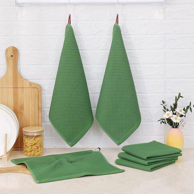 Kitinjoy 100% Cotton Waffle 6-Pack Kitchen Towels, 12" x 12", Grass Green | Ultra Absorbent, Super Soft, lightweight, Quick Drying Dish Rags for Washing Dishes