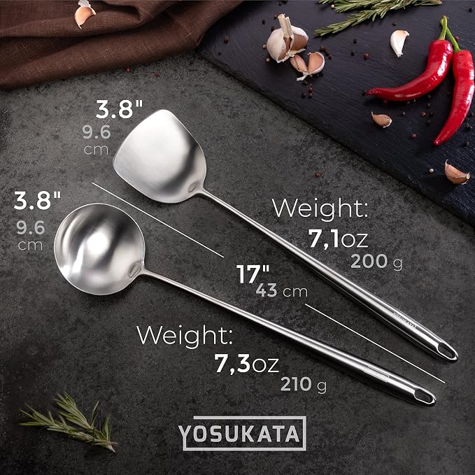 YOSUKATA 14" Carbon Steel Wok Pan Set - Pre-Seasoned, 17" Wok Spatula & Ladle - Heat-Resistant, Dishwasher Safe