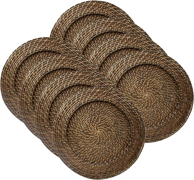 Rattan Plate Chargers, Round Woven, Brown, Set of 8 | Handwoven Natural Rattan With Warm Finish, 13x13in Round Fit For Dinner Plates, Durable Charger Set For Weddings & Banquets