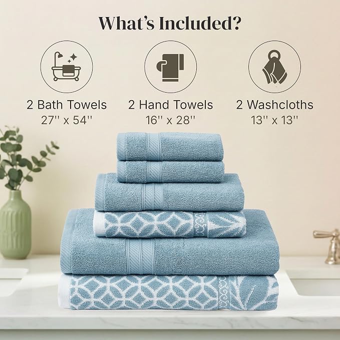 Modern Threads 6 Piece Bath Towel Set – Bathroom Set with 2 Bath Towels, 2 Hand Towels, and 2 Wash Cloths – 100% Cotton, Super Absorbent & Extra Soft – Reversible Botanical Vine (Blue)