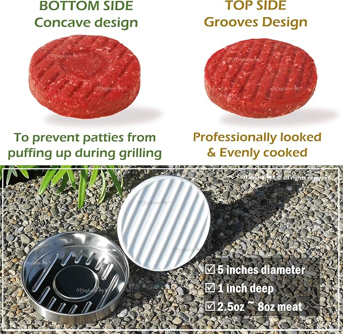 Meykers 5” Hamburger Press Patty Maker, 100 Paper, Burger Mold 4-10 oz Meat | Porcelain & 304 Stainless Steel, Dishwasher Safe, Large Burger Shaper, Puff-Up Prevention Design, for Kitchen Grill Griddle