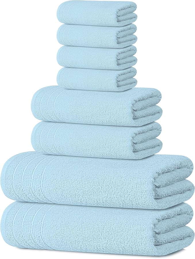 8 Piece Towel Set, 2 XL Bath, 2 Hand, 4 Washcloth, Sky Blue | 100% Cotton, Lighter Weight, Quicker to Dry, Super Absorbent, Perfect for Bathroom