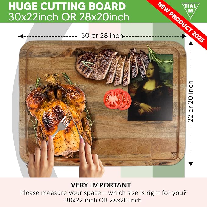 Rustic Mango Wood NOODLE BOARD –28x20 Extra Large Stove Top Cover Cutting Board -Farmhouse Kitchen Décor, Juice Groove & Handles, Mona Lisa & US Flag Art Serving Tray