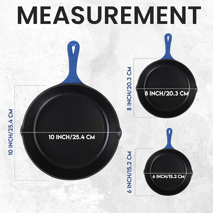 Utopia Kitchen Cast Iron Skillet Set 3 Piece 6 8 10 Inch PFAS-Free Blue | Chef Pan, Even Heat Distribution, Stovetop, Campfire and Grill Safe, Large Skillet Set, Indoor Outdoor Use