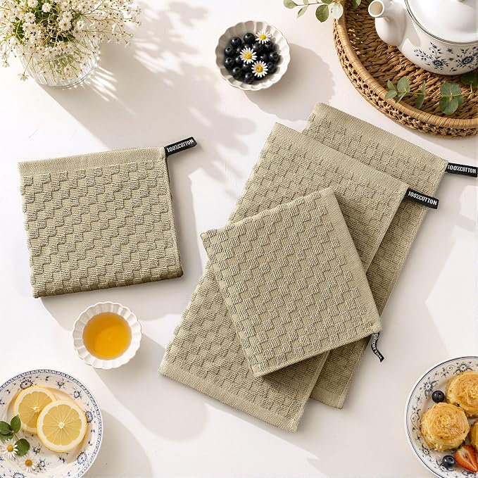 Homaxy 100% Cotton Terry Dish Cloths, 12"x12", 12-Pack, Tan | Ultra Soft Absorbent Dish Towels with Hanging Loop, Pineapple Grid Designed