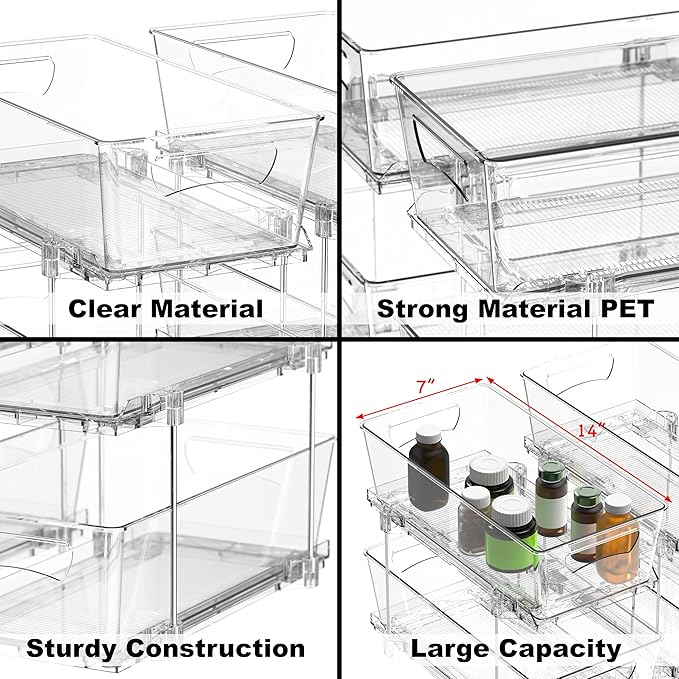 Simple Houseware 2Pcs 2-Tier Slim Drawer Cabinet Pull-Out Organizer, Clear