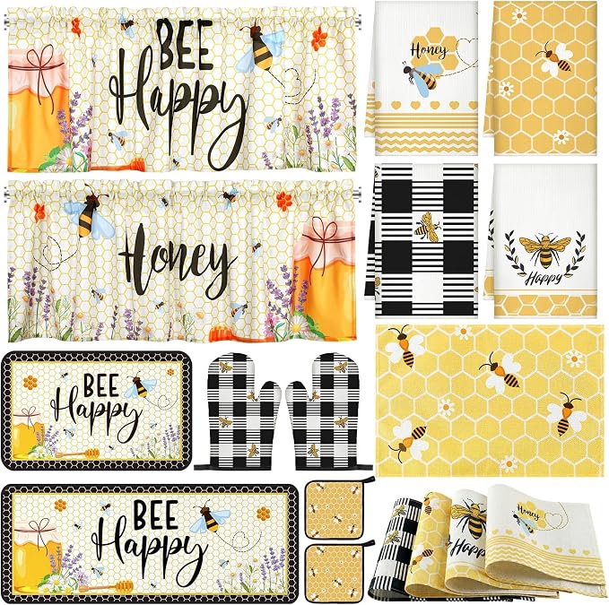 16 Pcs Honey Bee Kitchen Decor and Accessories Set 4 Yellow Kitchen Towel 4 Bee Placemat 2 Non Slip Rug and Mat Set for Floor 2 Oven Mitt Glove 2 Pot Holder 2 Curtain for Home Decor Mom Cooking Gift
