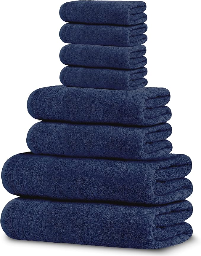 8 Piece Towel Set, 2 XL Bath, 2 Hand, 4 Washcloth, Navy | 100% Cotton, Lighter Weight, Quicker to Dry, Super Absorbent, Perfect for Bathroom