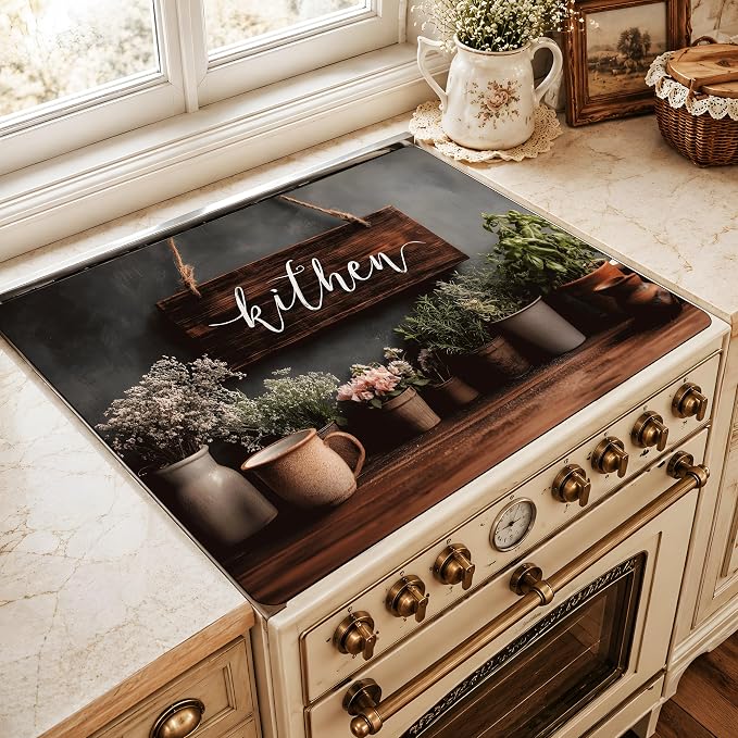 Rustic Farmhouse Kitchen Stove Top Cover 28.3 x 20.5 Inch, Herb Plant Glass Cooktop Protector Mat, Vintage Kitchen Sign Electric Range Cover for Counter Decor (Retro Brown)