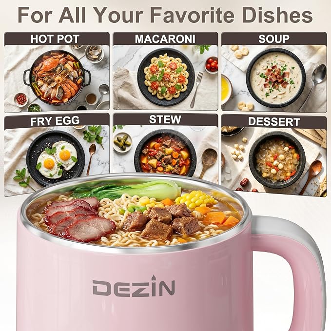 Dezin Hot Pot Electric, 1.6L Stainless Steel Ramen Cooker with Keep Warm | Rapid Noodle Cooker, Dual Temp Control, for Ramen, Egg, Pasta, Dumpling, Soup, Porridge & Oatmeal, Ideal for Dorm & Office