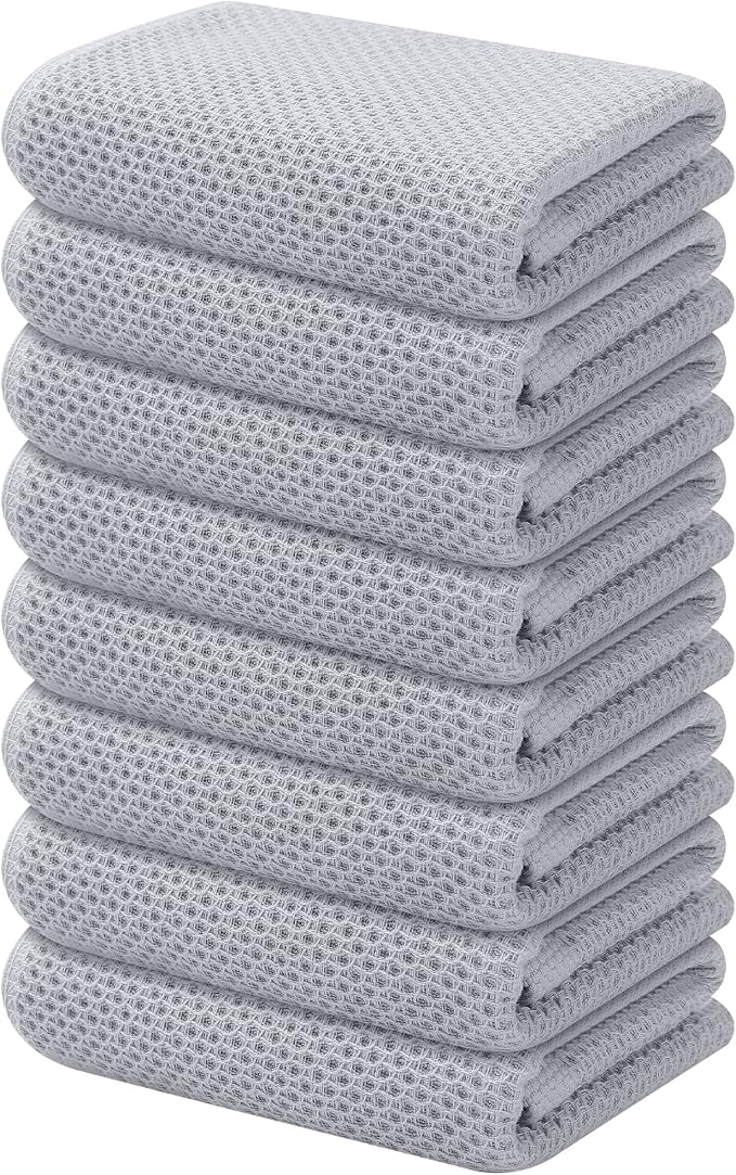Kitinjoy 100% Cotton Waffle 8-Pack Kitchen Towels, 13" x 28", Light Grey | Super Soft, Ultra-Absorbent, Fast Drying, lightweight, Quick Drying Kitchen Hand Towels