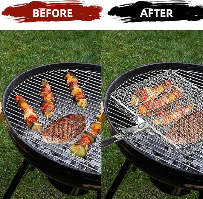 Grill Basket Extra Large, SUS304 Stainless Steel, Portable Folding BBQ Camping Grilling Rack for Fish, Vegetables, Shrimp, Barbeque Griller Cooking Accessories, Grilling Gifts for Men, Dad
