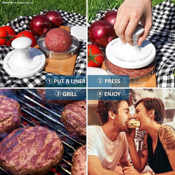 Meykers 5” Hamburger Press Patty Maker, 100 Paper, Burger Mold 4-10 oz Meat | Porcelain & 304 Stainless Steel, Dishwasher Safe, Large Burger Shaper, Puff-Up Prevention Design, for Kitchen Grill Griddle