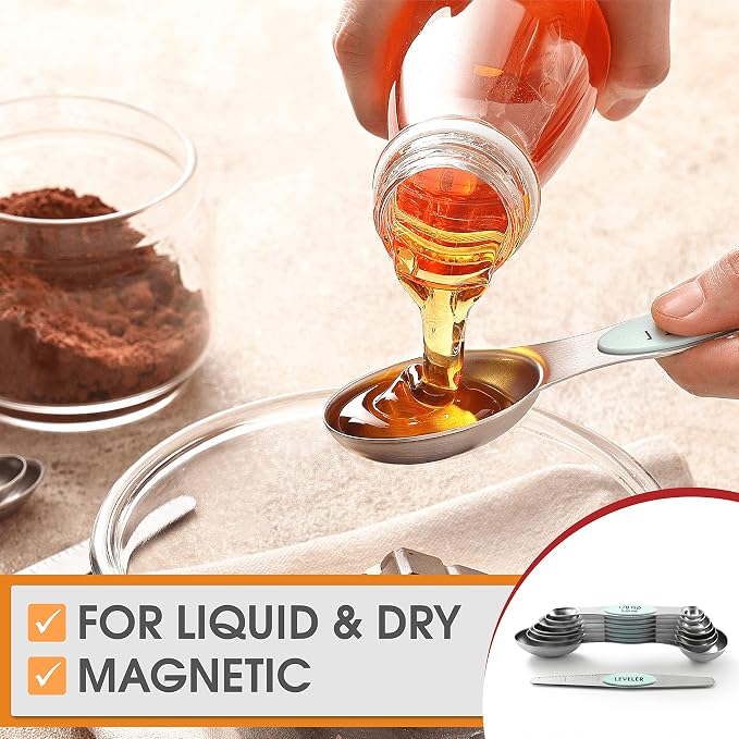 Spring Chef Stainless Steel 8 Magnetic Measuring Spoons for Kitchen, Mint | Dual Sided Metal Teaspoon & Tablespoon Measuring Spoons with Leveler for Dry & Liquid Ingredients, Nesting, Dishwasher Safe