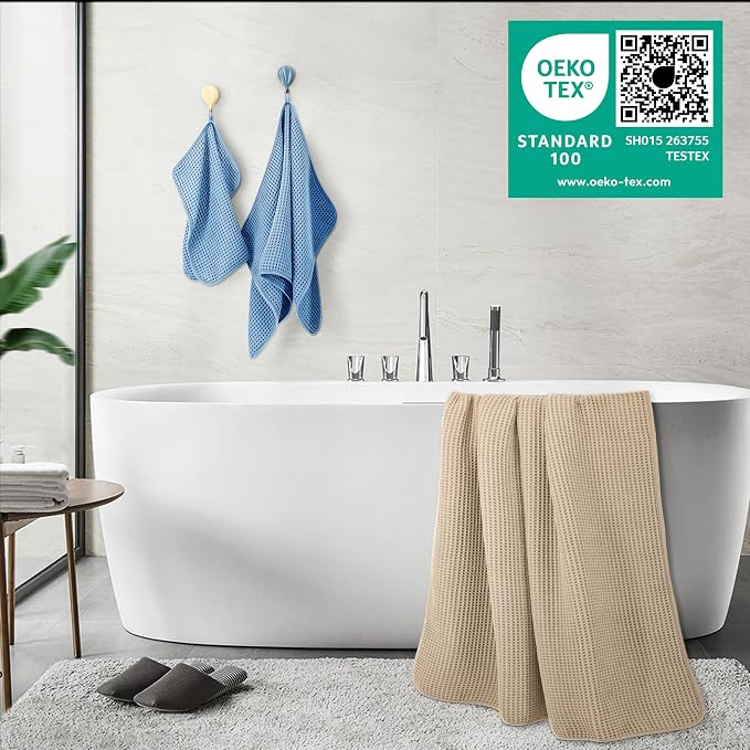 POLYTE 430 GSM Poly Blend Microfiber Quick Dry Waffle Bath Towel Set of 6 | 2-Body Towels, 2-Hand Towels, 2-Wash cloths, Oversize, Lint Free