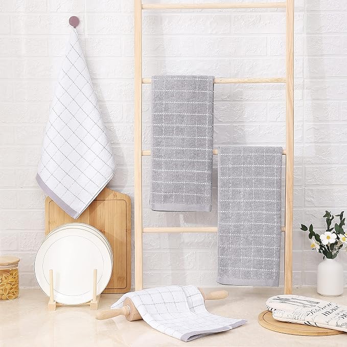 Homaxy 100% Cotton Terry Kitchen Towels, 4 Pack, White and Light Grey | Ultra Soft and Absorbent Dish Towels for Kitchen, Suitable for Drying and Washing Dishes