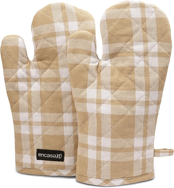 Encasa XO Oven Mitts, Heat Resistant Kitchen Gloves, Microwave | Franca Beige Checks, 100% Cotton | Diamond Quilted Insulation | Pot Holders | Hanging Loop | Barbecue & Grill | Set of 2